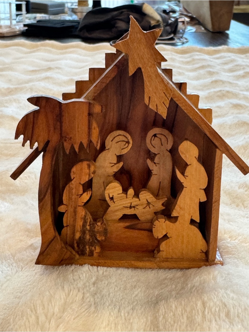 Hand-carved olive wood miniature nativity scene